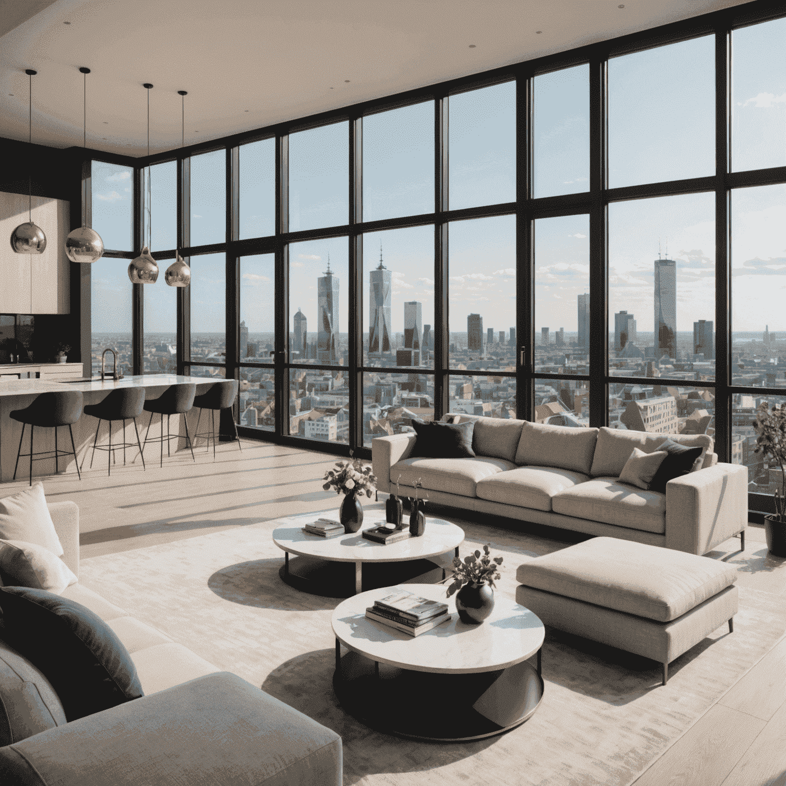Een elegante interieuropname van een luxe penthouse met vloer-tot-plafond ramen die uitkijken op de skyline van Rotterdam. Het interieur toont een open woonruimte met minimalistisch meubilair, neutrale kleuren en subtiele metalen accenten, perfect passend bij de Contemporary Urban Loft stijl.