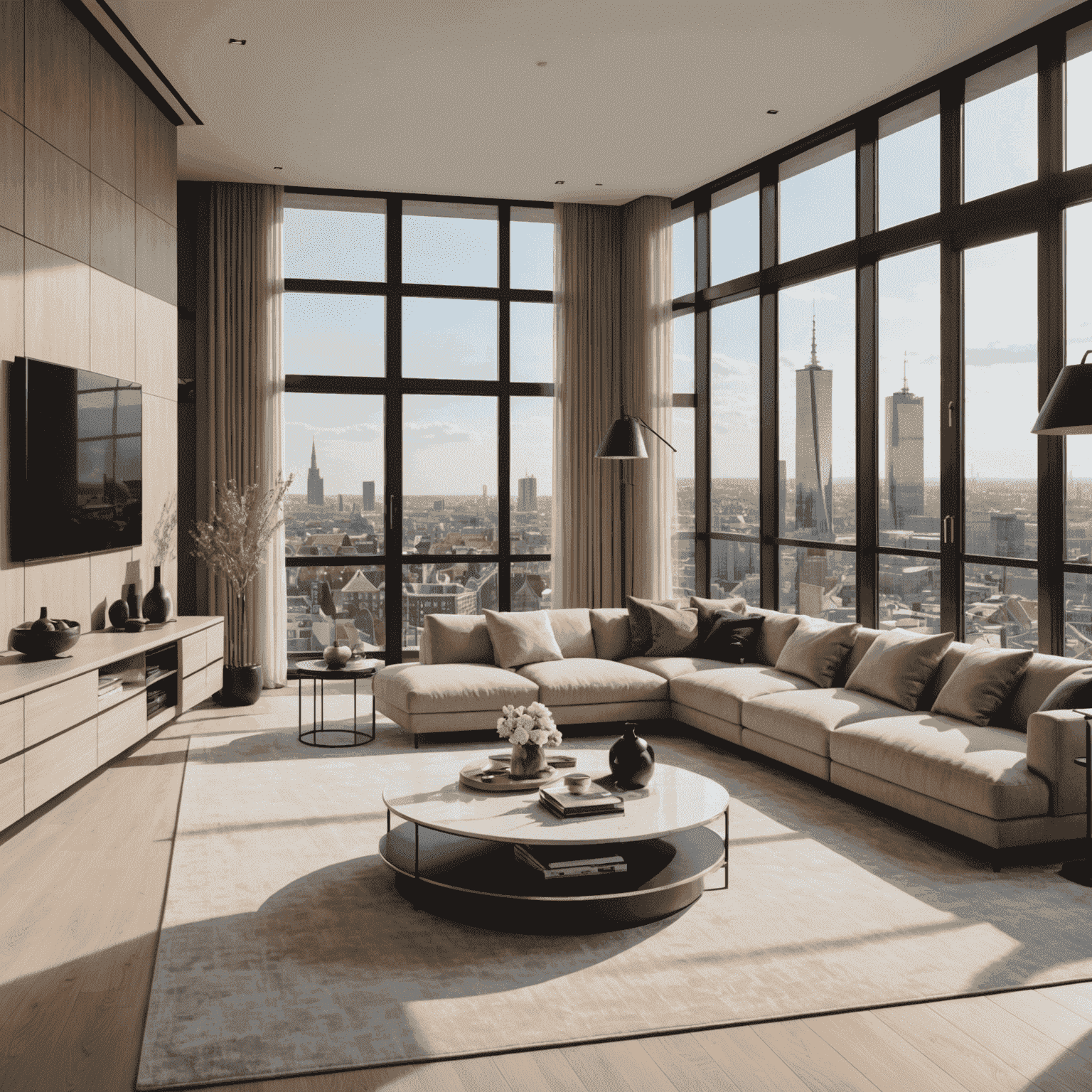 Een luxe penthouse interieur met open plattegrond, grote ramen die uitkijken op de Rotterdamse skyline, minimalistisch meubilair en warme, neutrale kleuren die de ruimte een gevoel van rust en elegantie geven.