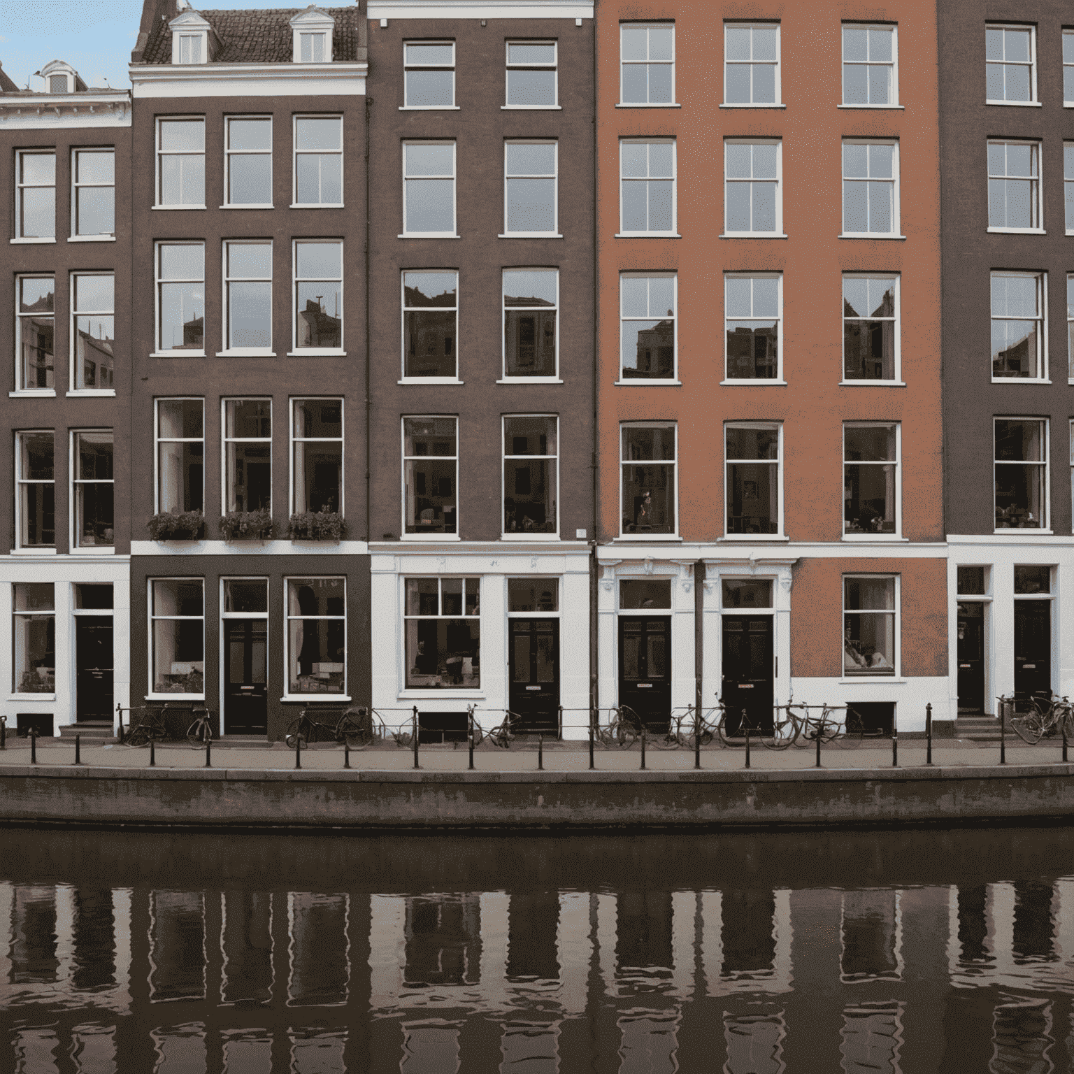 Een prachtig grachtenpand in Amsterdam met een klassieke gevel, grote ramen en een opvallende deur. Het huis weerspiegelt in het kalme water van de gracht, omringd door andere historische panden.