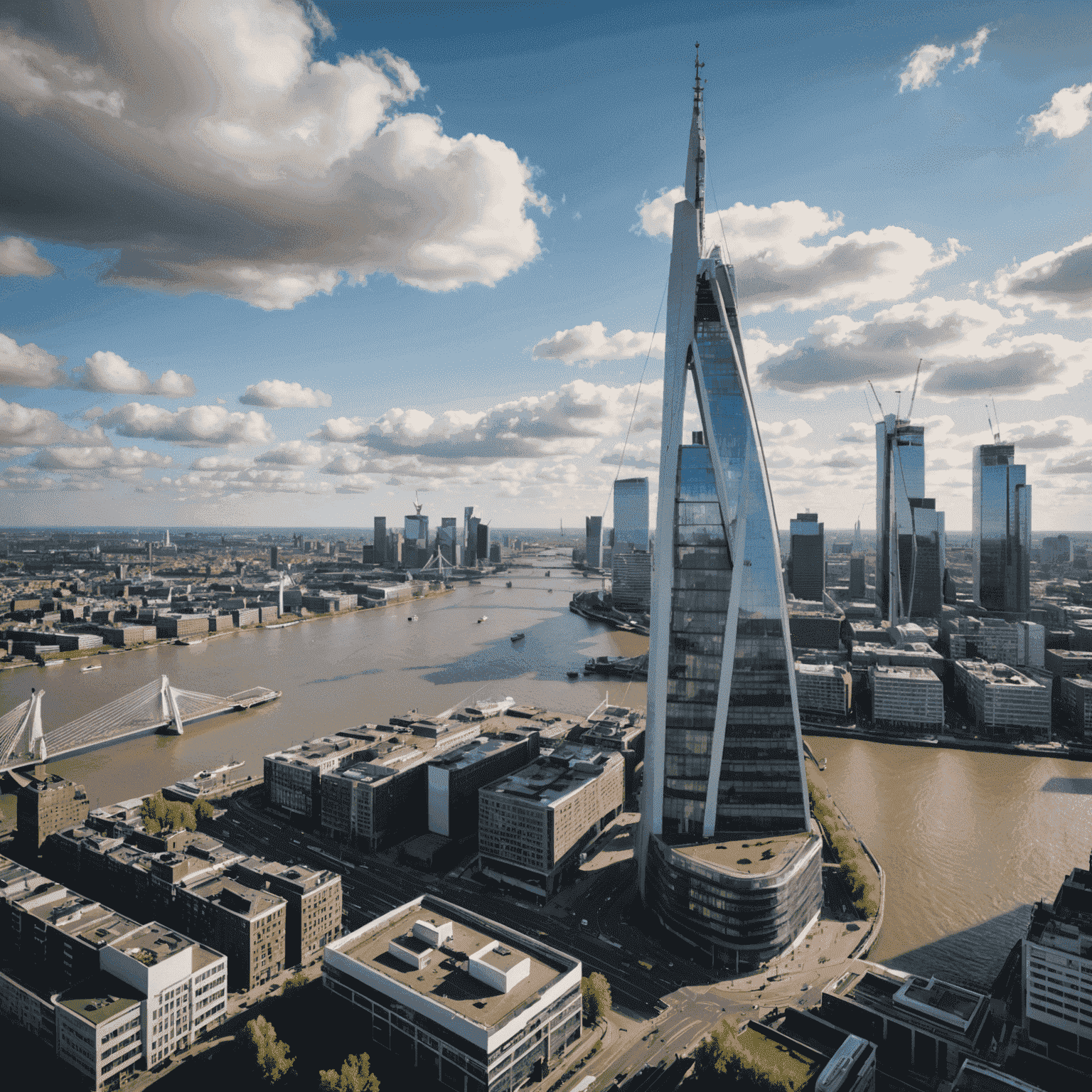 Panoramisch uitzicht over Rotterdam vanaf een luxe penthouse, met de iconische Erasmusbrug en moderne wolkenkrabbers zichtbaar