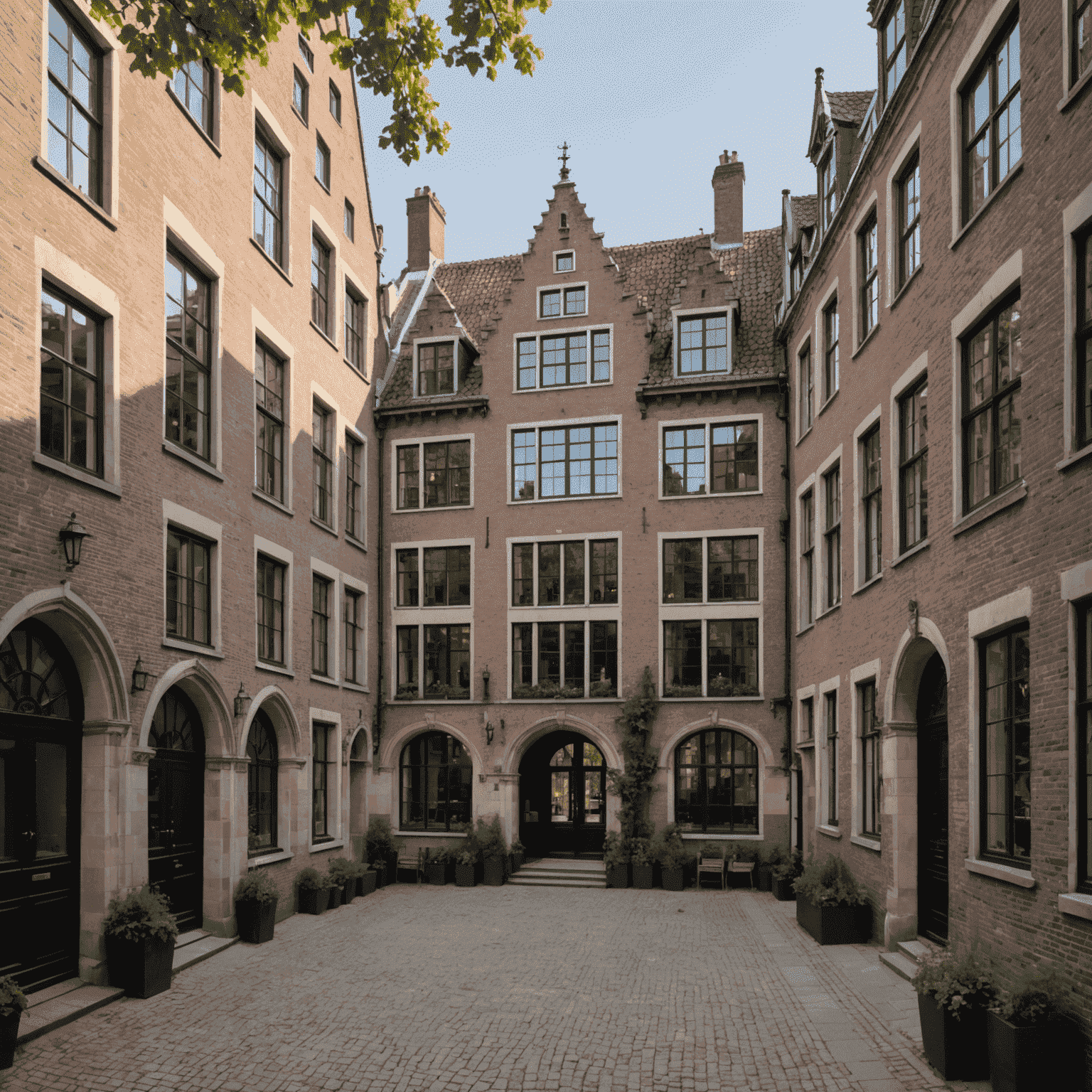 Een panoramisch uitzicht op de gerenoveerde middeleeuwse herenhuizen in Utrecht, met hun karakteristieke gevels en moderne aanpassingen die naadloos in de historische architectuur zijn geïntegreerd.