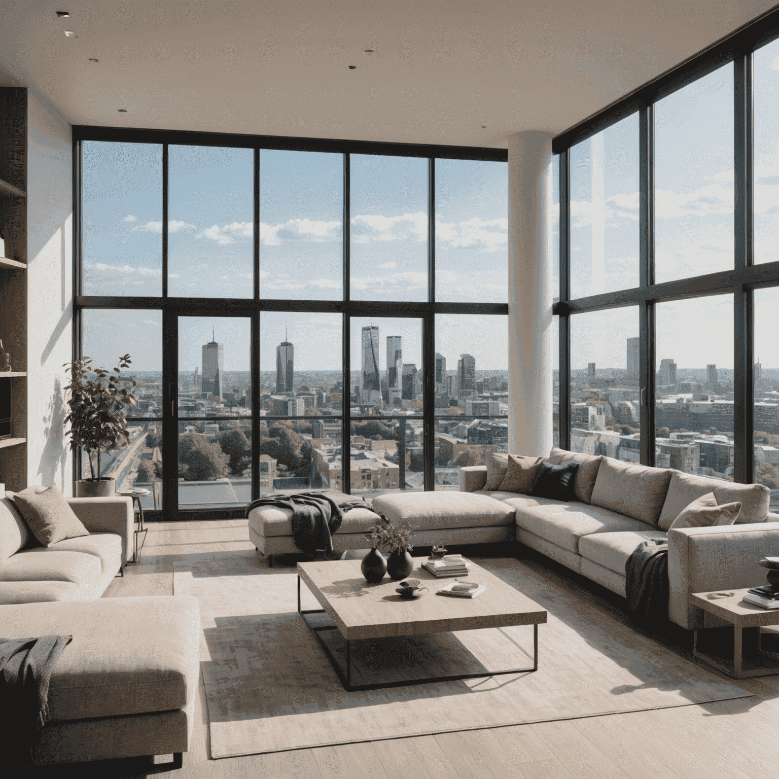 Een moderne penthouse met panoramisch uitzicht over de skyline van Rotterdam, met grote ramen en een minimalistisch interieur.