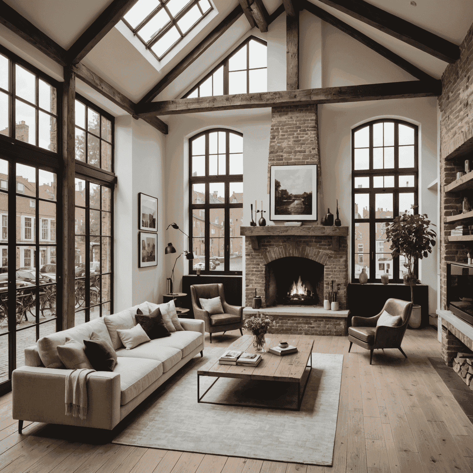 Interieur van een gerenoveerd grachtenpand met hoge plafonds, originele houten balken, een moderne open haard en grote ramen met uitzicht op de gracht.