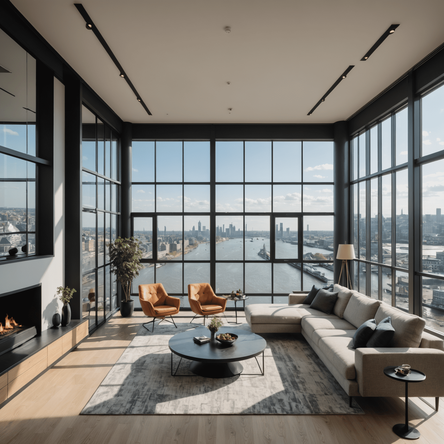 Interieur van een penthouse in De Rotterdam met vloer-tot-plafond ramen die uitkijken over de Maas