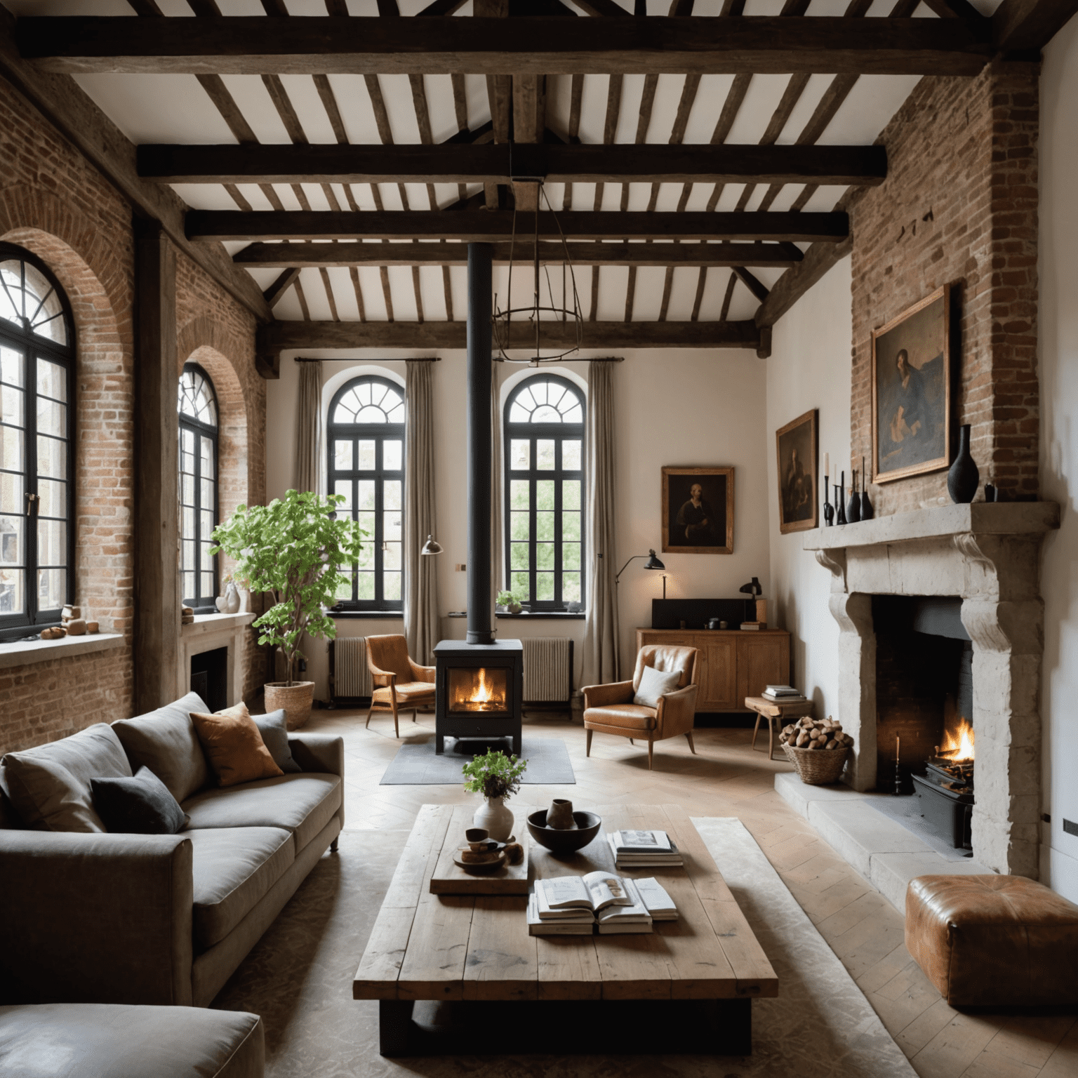Interieur van een gerenoveerd middeleeuws herenhuis in Utrecht, met zichtbare originele balken, een moderne open haard en eigentijds meubilair dat contrasteert met de historische elementen.