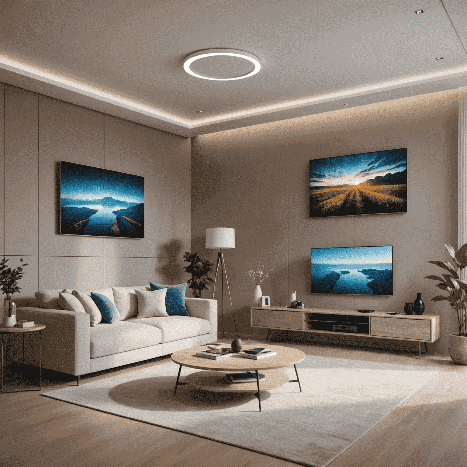 Een high-tech woonkamer met geïntegreerde touchscreens en slimme apparaten