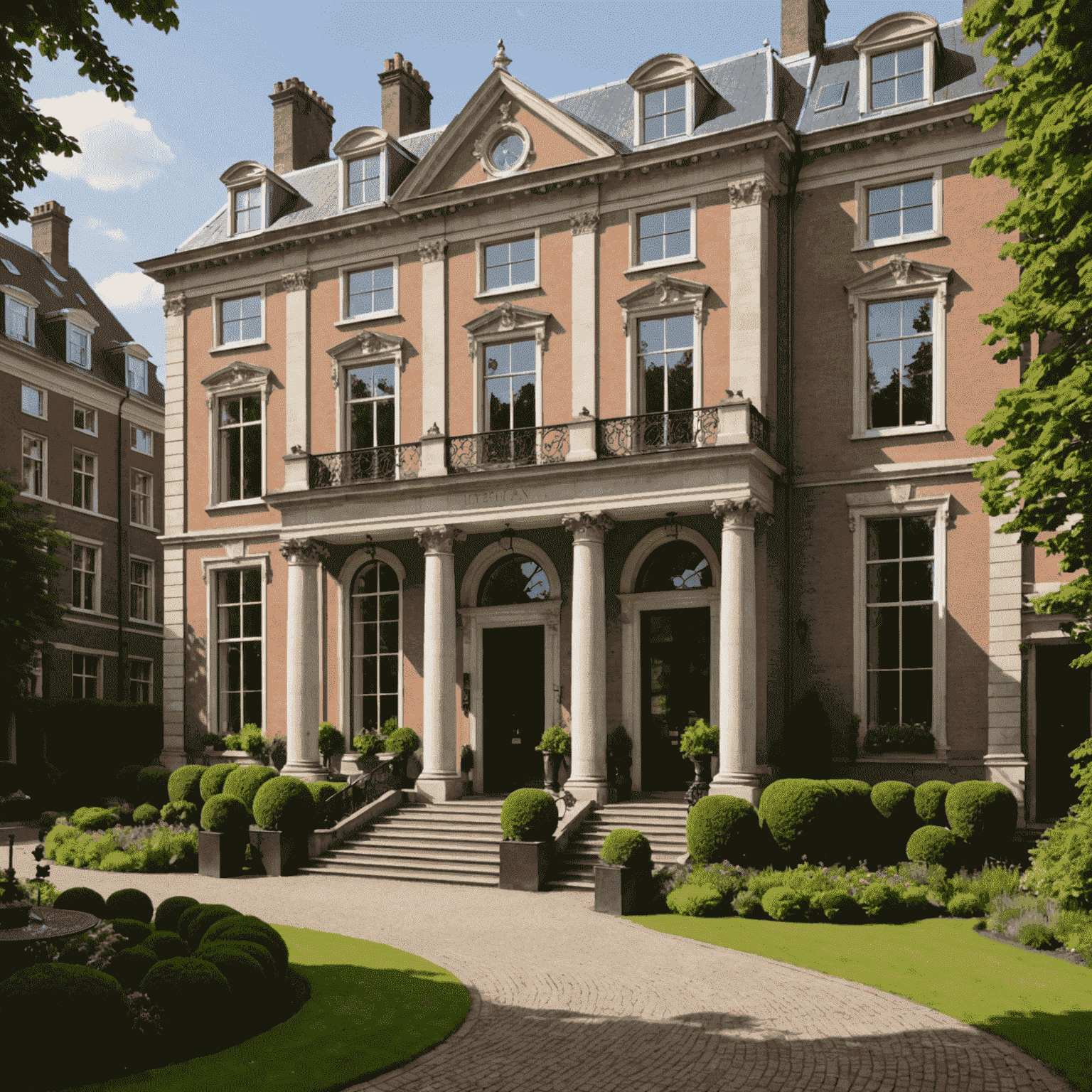 Een statige residentie in Den Haag met koninklijke allure, grote zuilen en een prachtige voortuin.