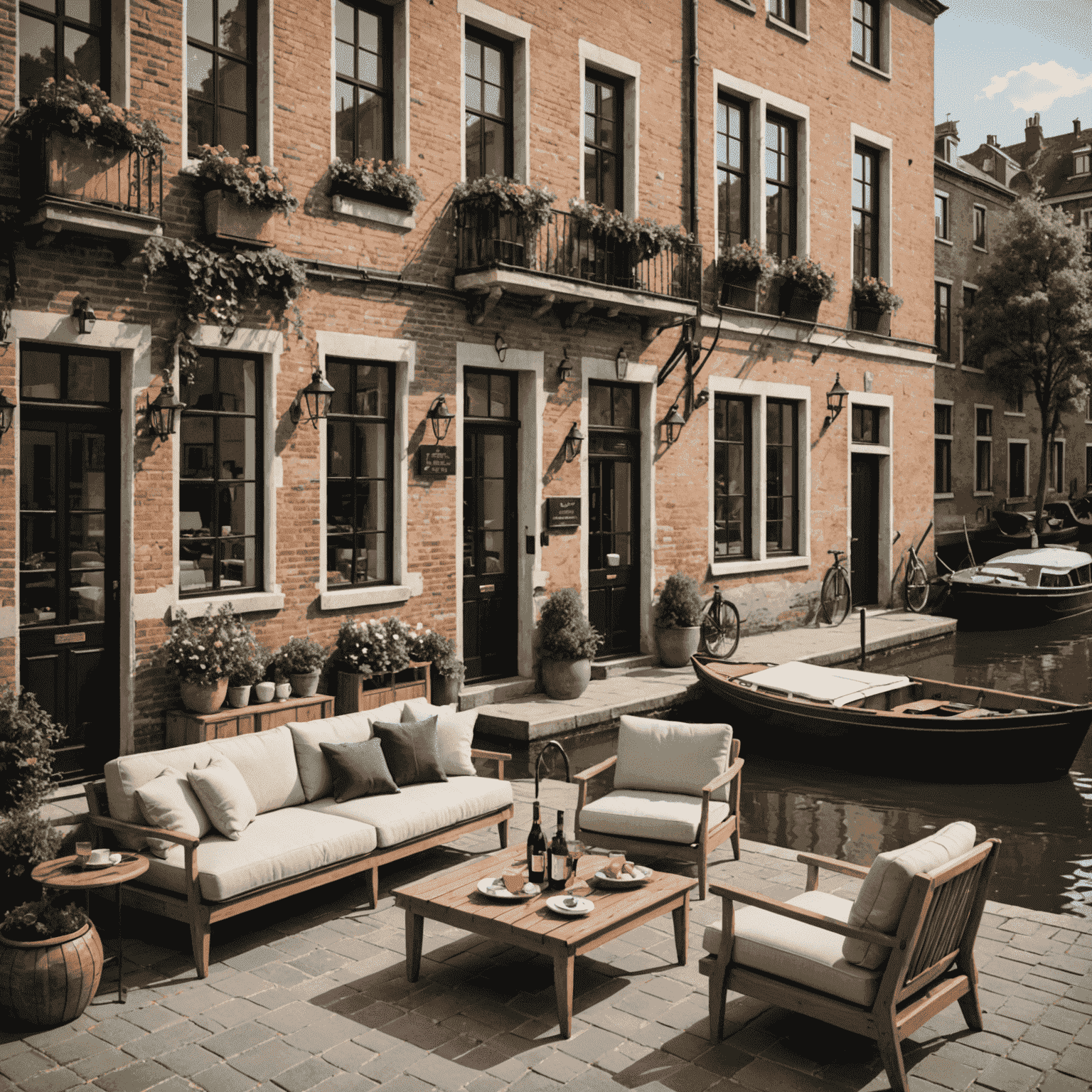 Een gezellig terras aan de gracht, behorend bij een luxe grachtenpand. Er staan comfortabele loungestoelen en een kleine tafel, perfect voor het genieten van een drankje terwijl boten voorbij varen.