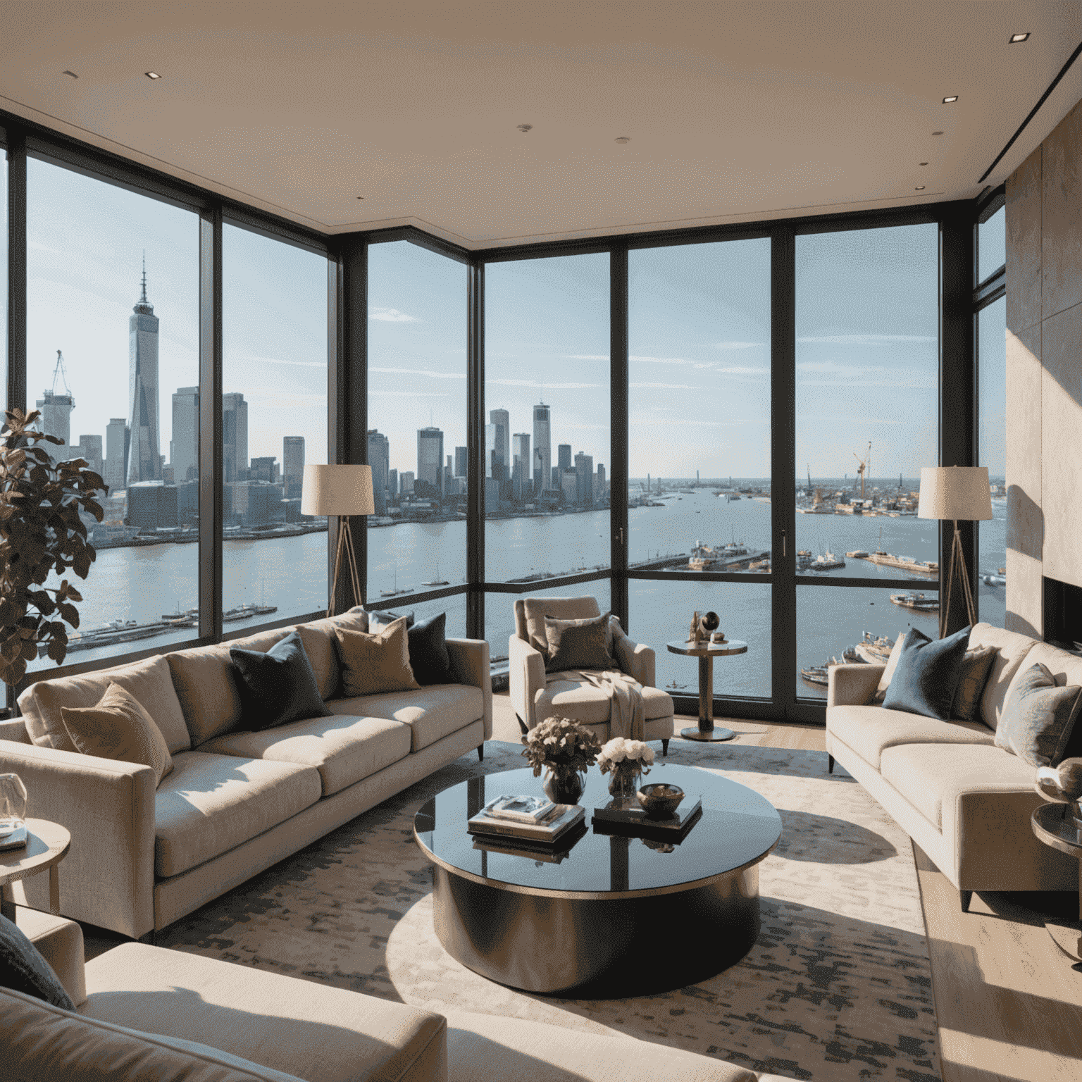 Luxe woonkamer van een penthouse in de Zalmhaventoren met uitzicht op de Rotterdamse haven