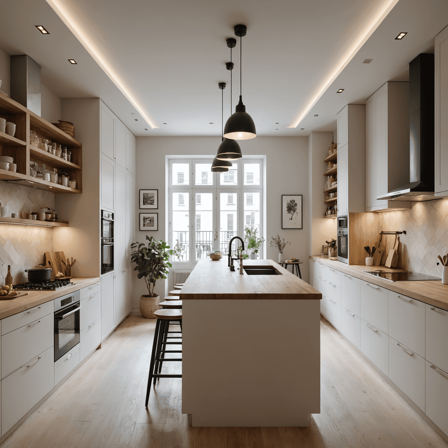 Interieur van een gerenoveerd herenhuis met moderne keuken en originele stucplafonds