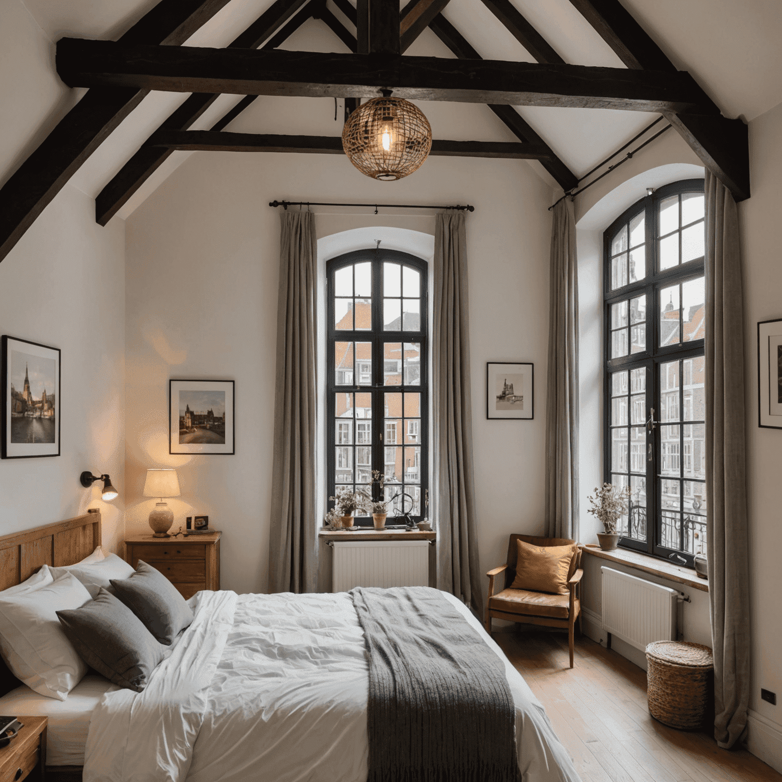 Een sfeervolle slaapkamer in een van de gerenoveerde herenhuizen, met een groot hemelbed, originele balkenplafonds en grote ramen die uitkijken op de historische binnenstad van Utrecht.