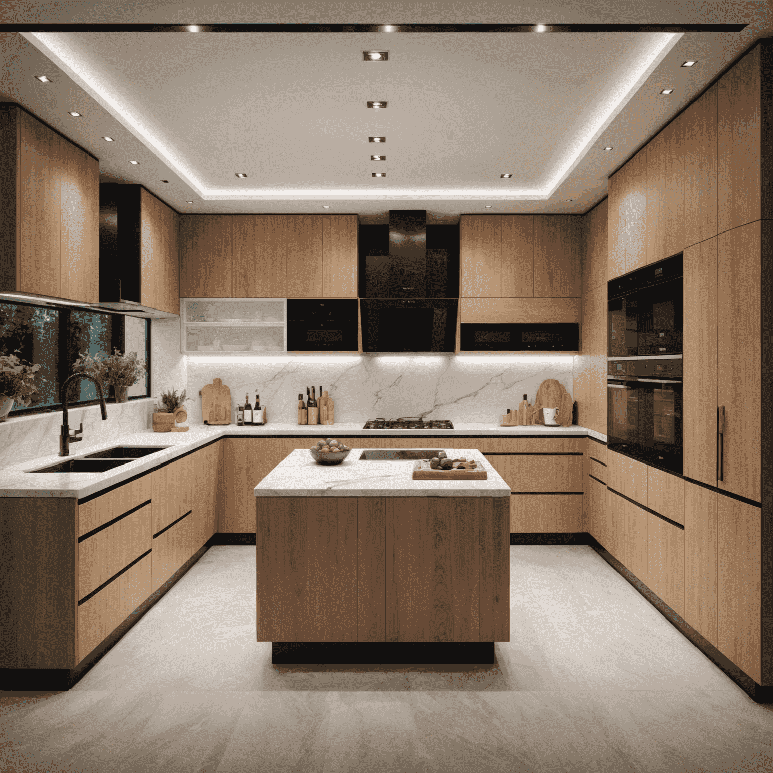 Een luxueuze, geautomatiseerde keuken met slimme apparaten en minimalistisch design