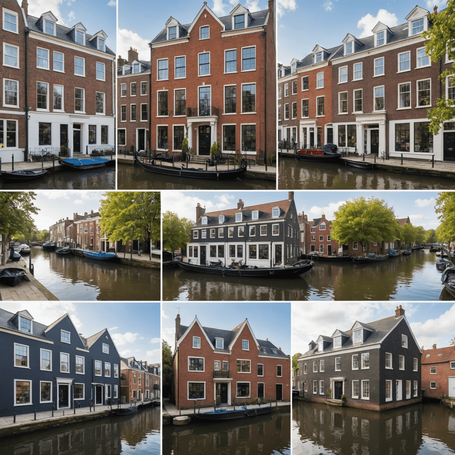 Een collage van verschillende luxe grachtenpanden te koop, waaronder zowel exterieur- als interieurbeelden die de diversiteit en kwaliteit van het aanbod tonen.
