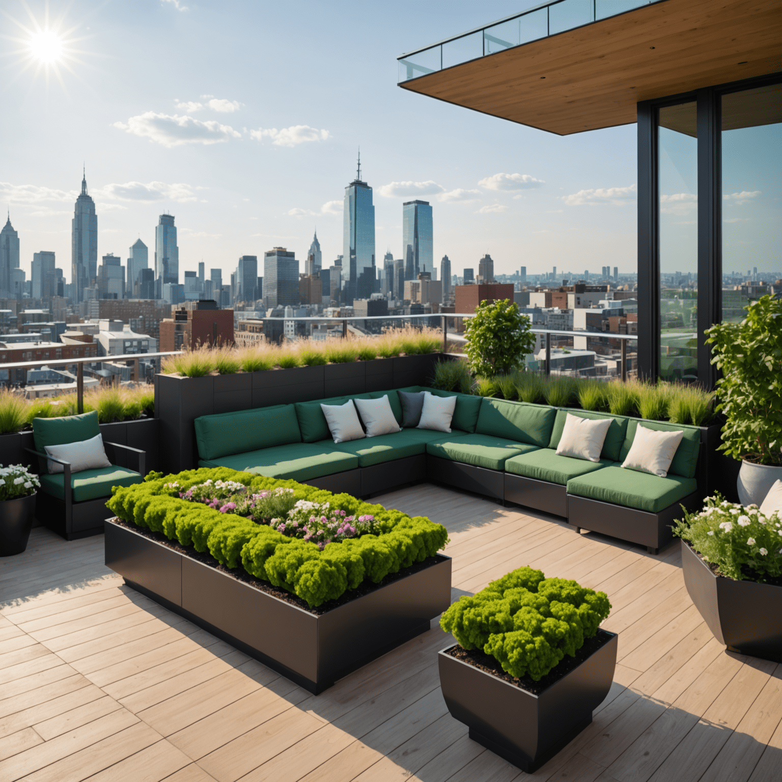 Groene daktuin van een penthouse in The Muse met zithoek en stadsuitzicht