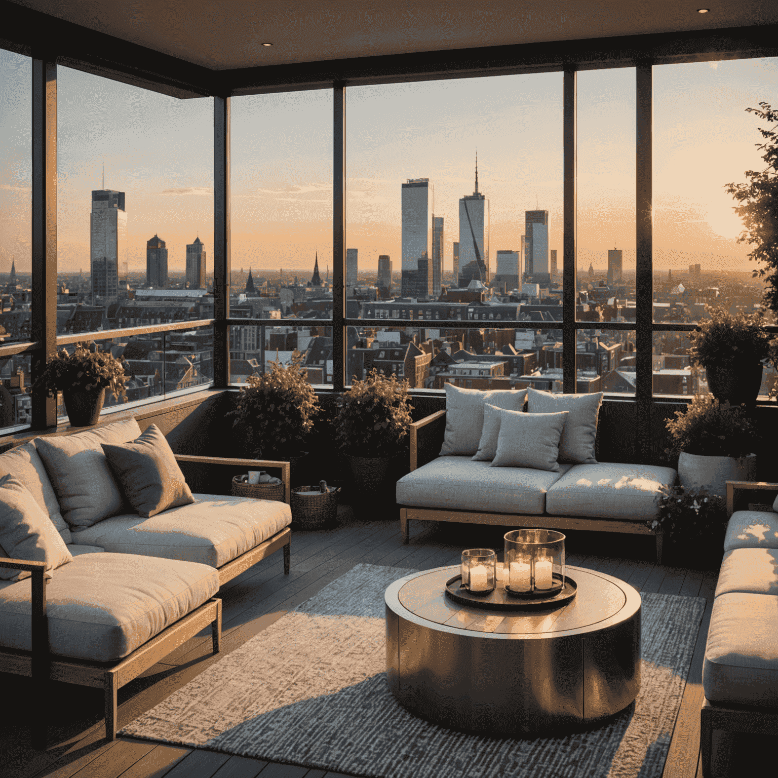 Sfeervol terras van een luxe penthouse met uitzicht op de skyline van Den Haag bij zonsondergang