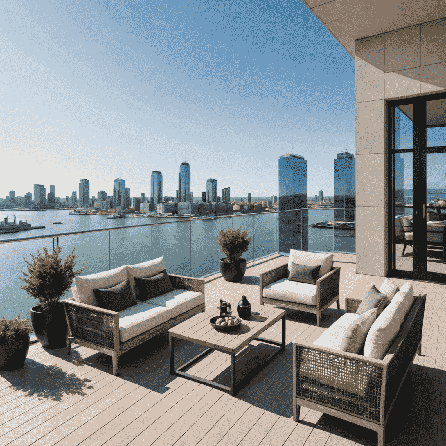 Penthouse terras in de Montevideo toren met uitzicht op de Rotterdamse haven en luxe buitenmeubilair