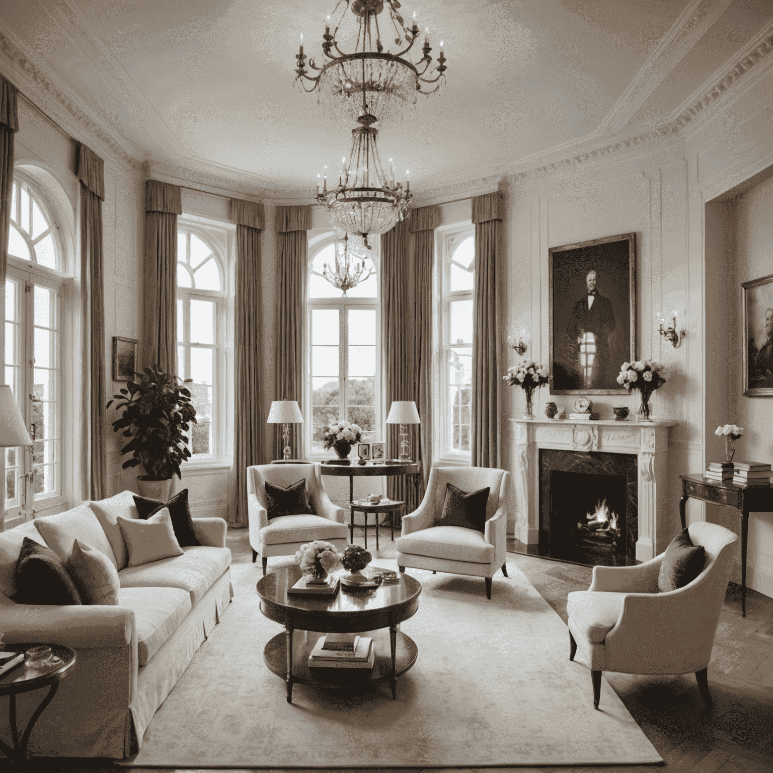 Elegante woonkamer van een penthouse in het historische Witte Huis met klassieke details en modern comfort